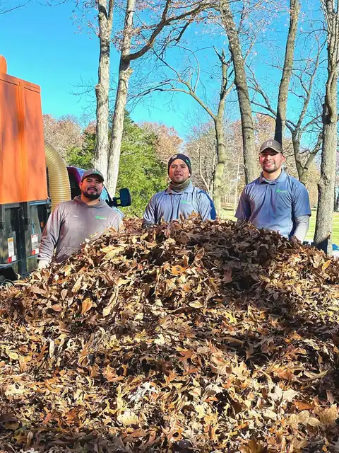 Three Pureleaf crew members in grey company polos behind a huge pile of collected leaves